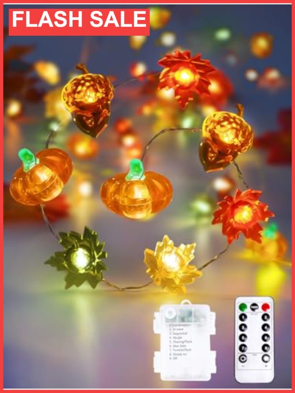 Fall Decor 3D Pumpkin Acorn Maple Leaf Fairy Lights Battery Operated Remote 10ft